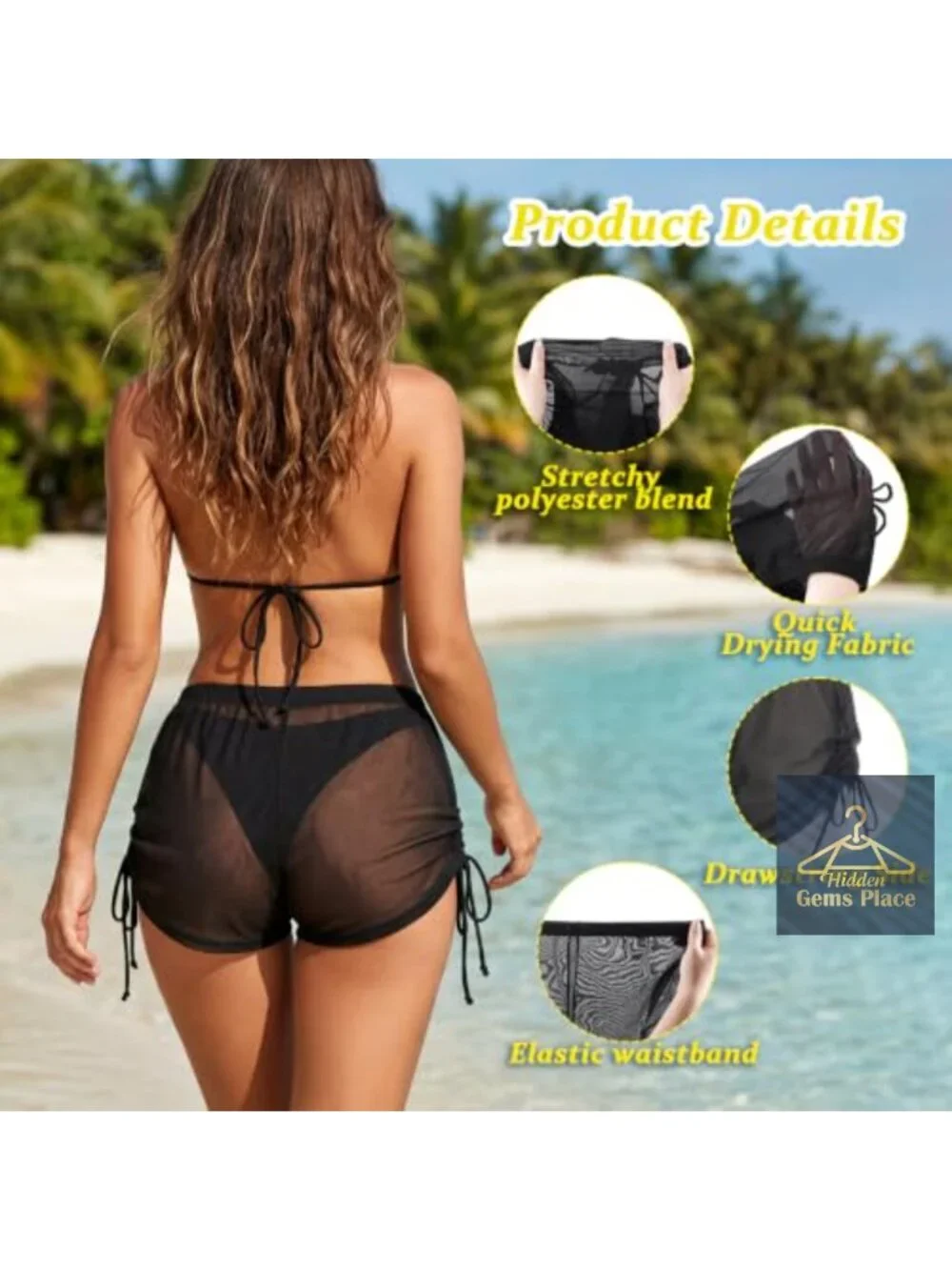 Women's Sheer Mesh See Through Swim Beach Cover Up Shorts with Drawstring